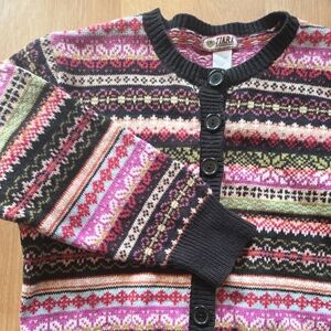 Tiara International Patterned Cardigan Size Large Fair Isle Cotton Blend